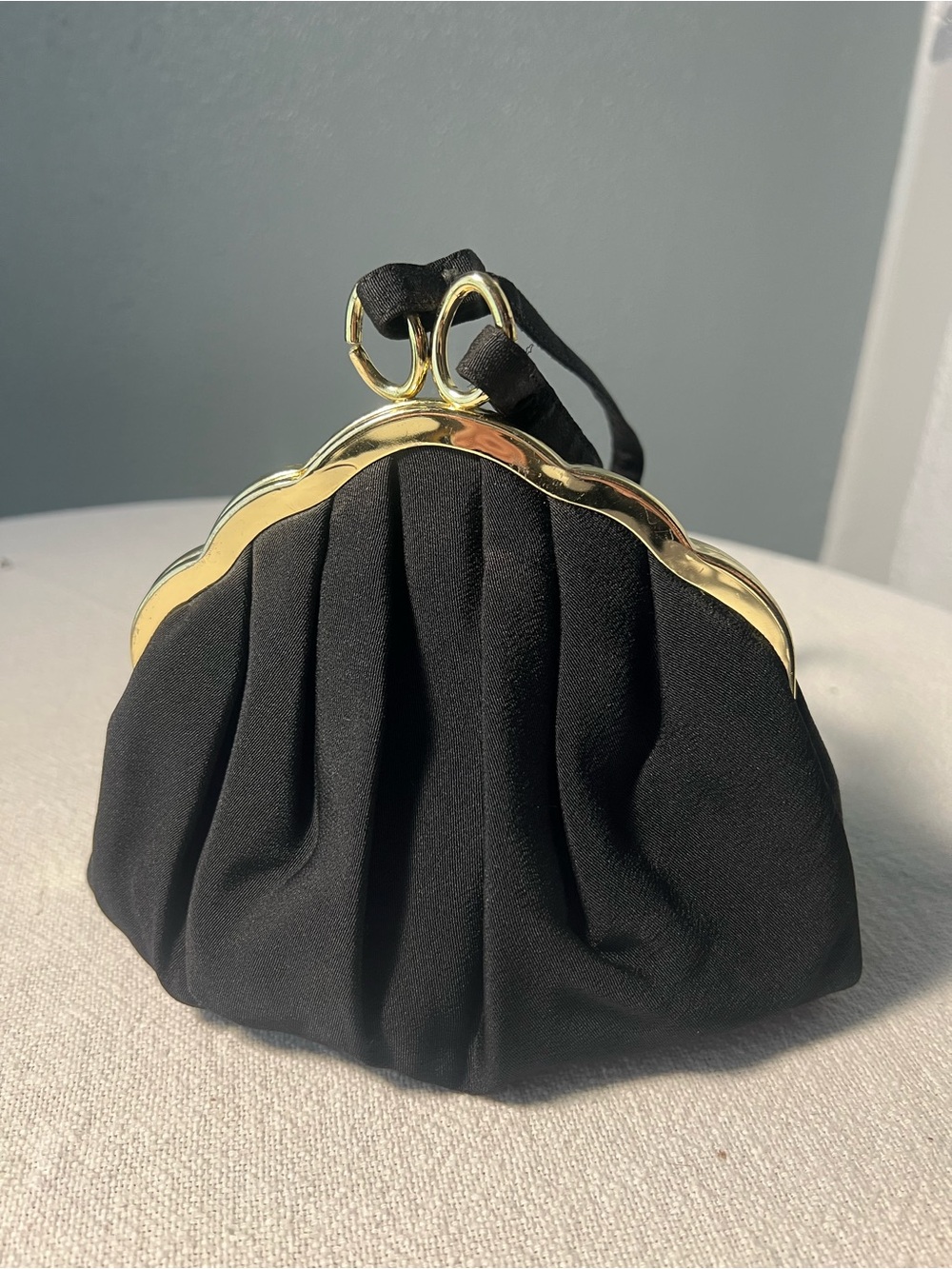 Vintage Harry Levine Black Satin Evening Clutch Gold Kiss Lock Frame Wristlet